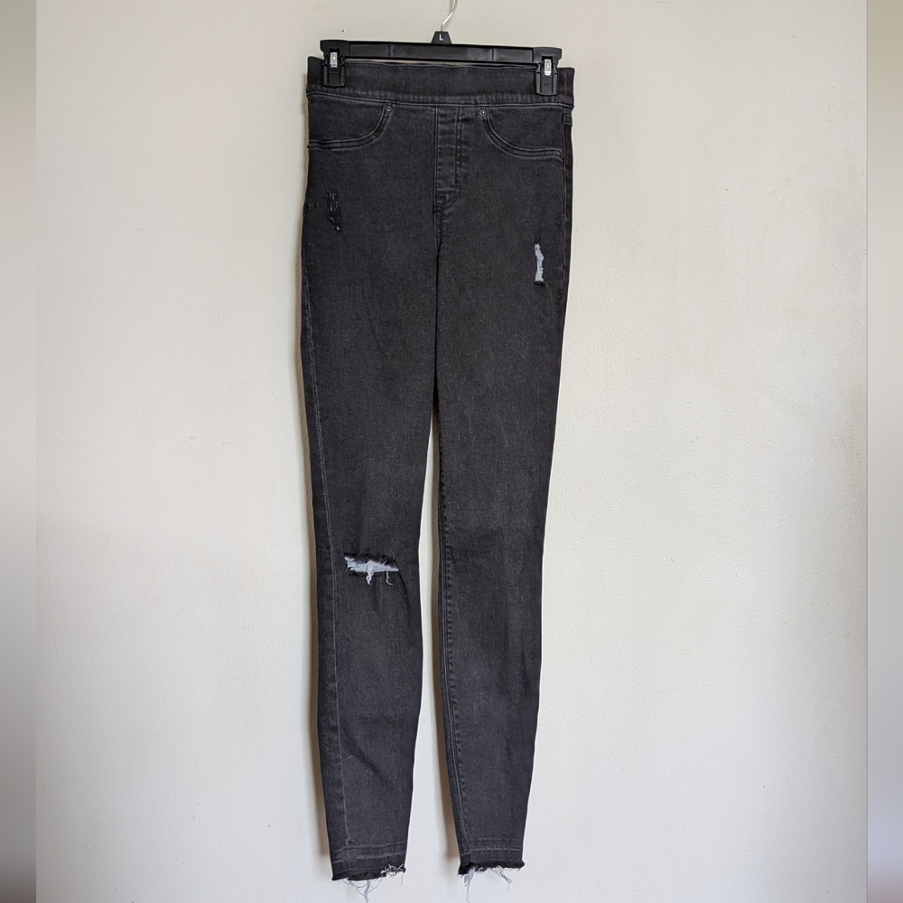 Spanx Black Lightly Distressed Skinny Jeans Jegging Stretch Women's Size XS Tall
